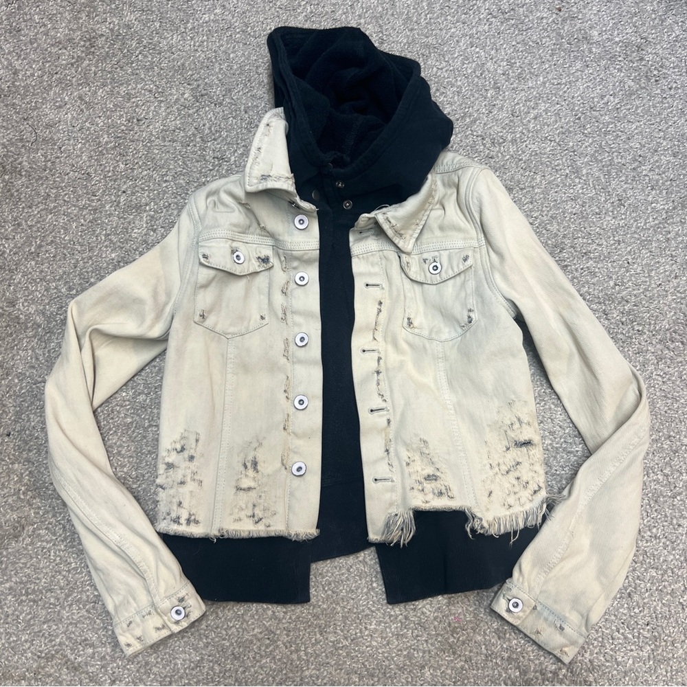 Free People Hoodie Jacket Women XS White Distressed Double Weave Denim